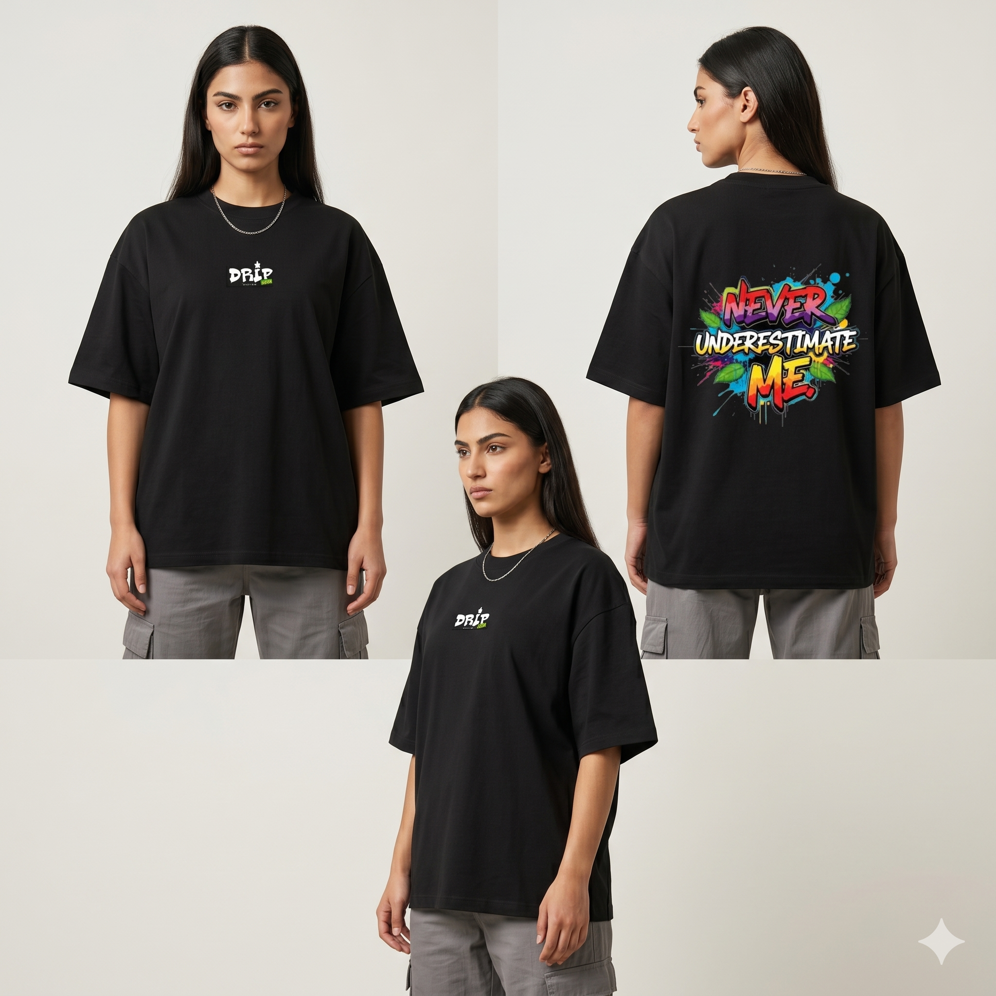 Never Underestimate - Female - Black Drop Shoulder T-Shirt - Image 1