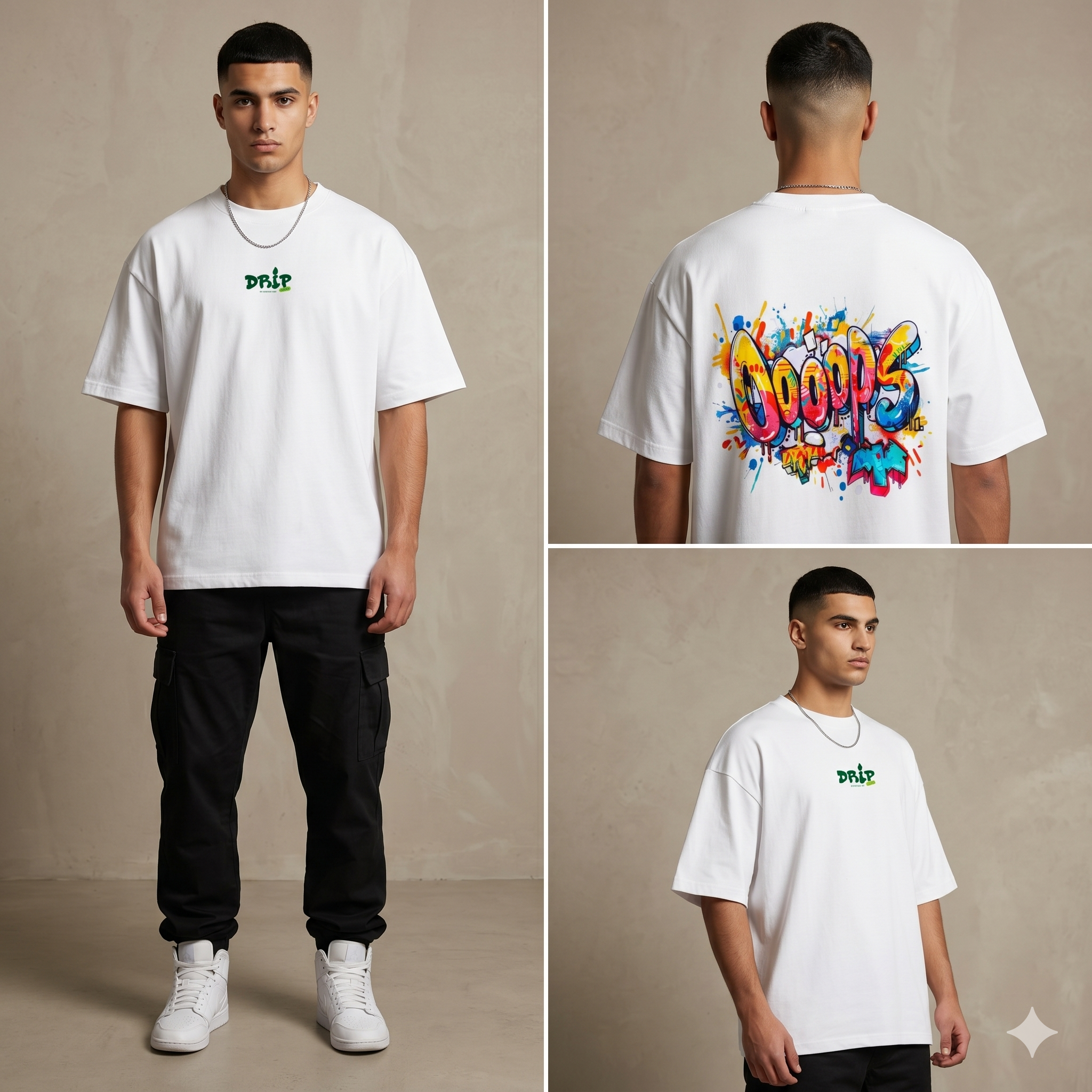 OOOPS - Male - White Drop Shoulder T-Shirt - Image 1