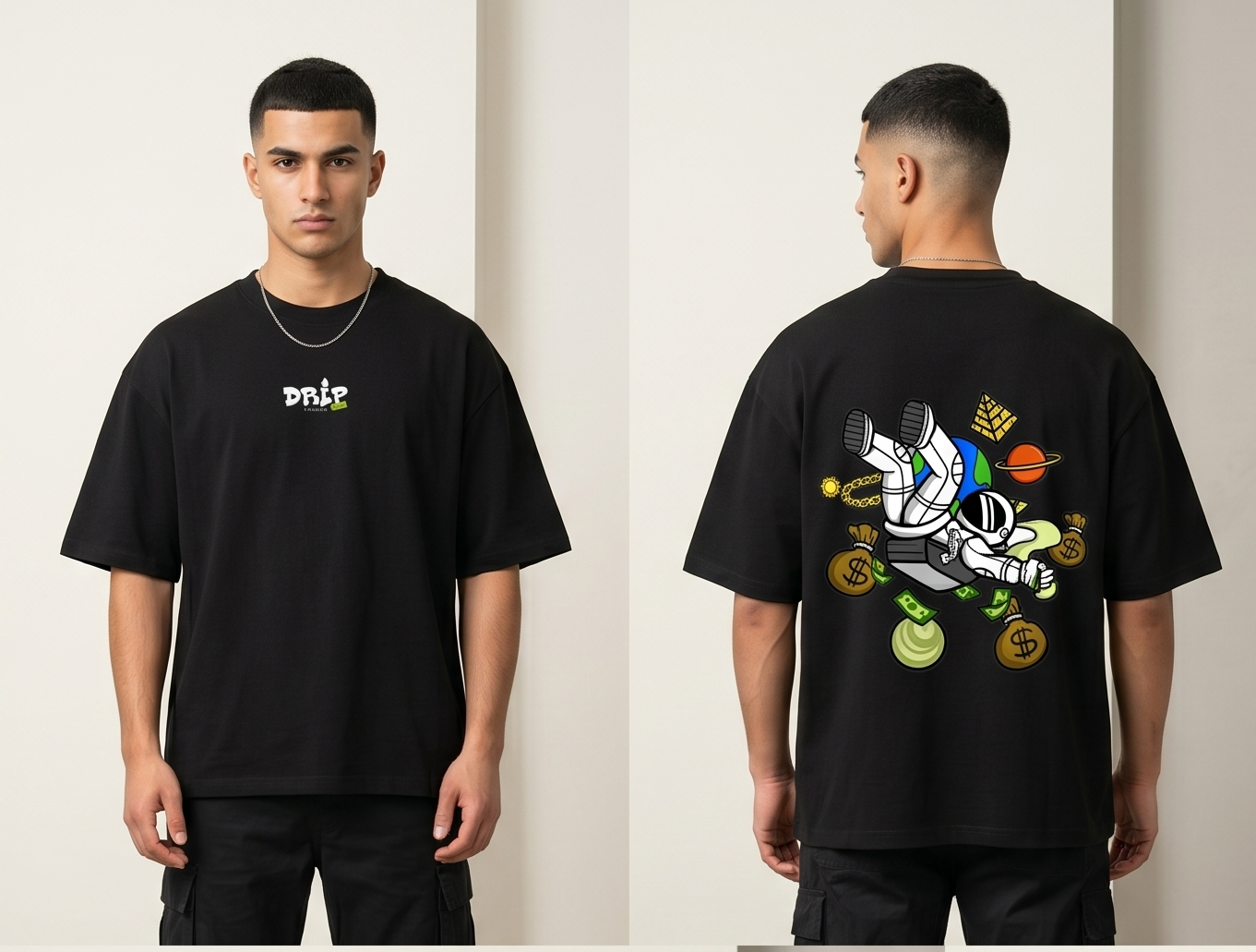 Spaceman - Male - Black Drop Shoulder T-Shirt - Image 1